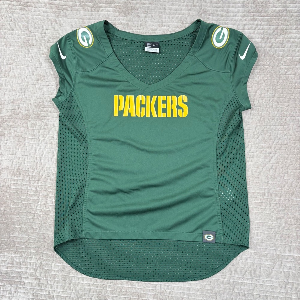 Nike Green Bay Packers NFL Jersey Mesh V-Neck Shirt Green Womens M 552259-323‎